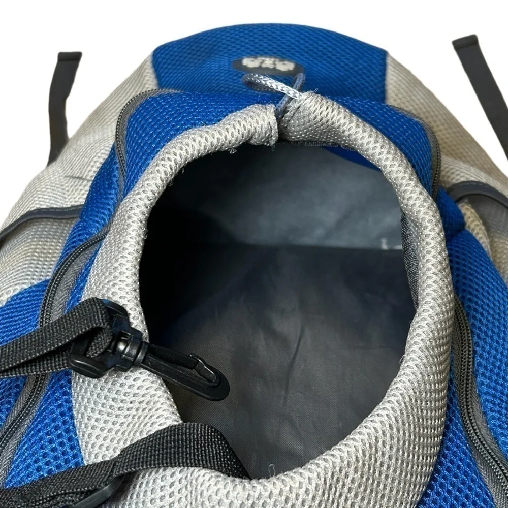 SMALL PET CARRIER BACKPACK BLUE SILVER MESH + WAIST STRAP
